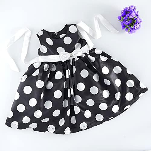 Black Satin White Polka Printed Casual Frock,
Fabric: Black &amp; White polka dotted heavy satin material with a detailing of a white bow, belt and tie.
Colour: Black | Sleeve type: Sleeveless| Neck type: Round