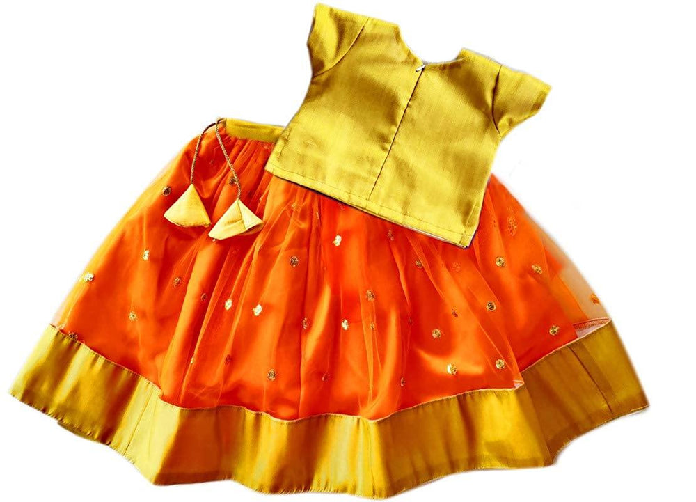 Orange & Gold Girl's Net Readymade Lehenga Choli