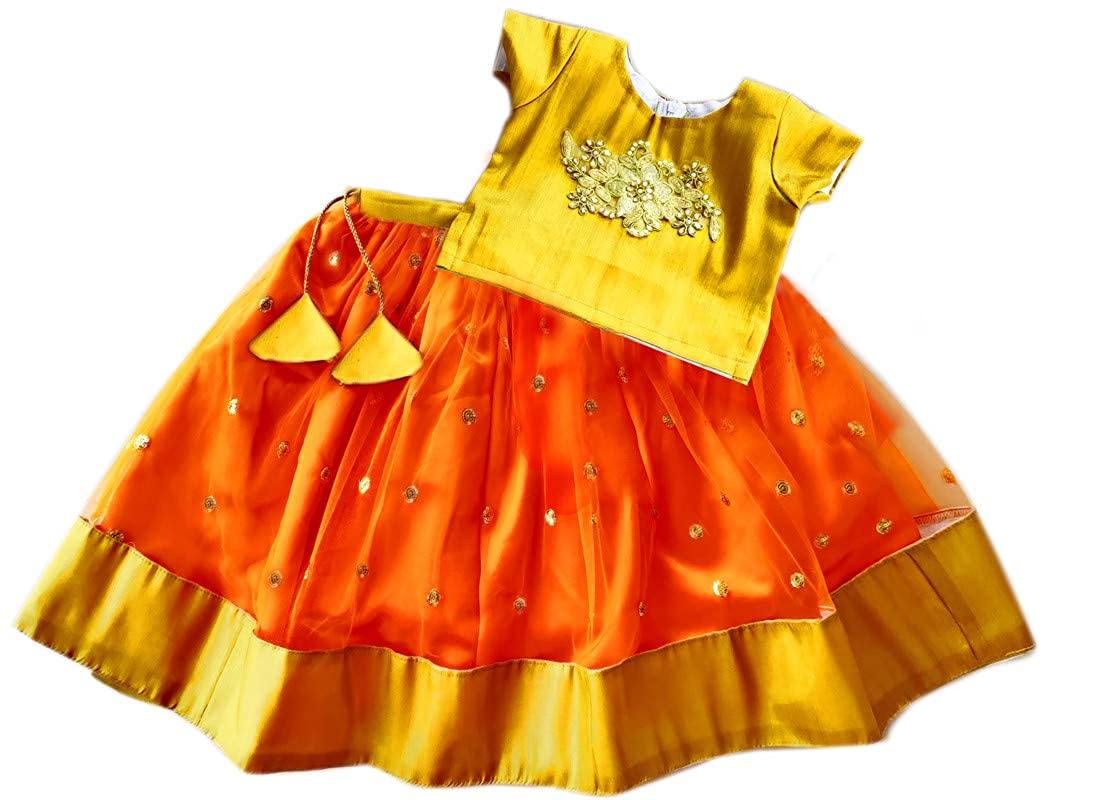 Orange & Gold Girl's Net Readymade Lehenga Choli