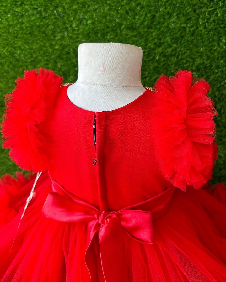 Red Handwork Two Layer Ruffled Frock
