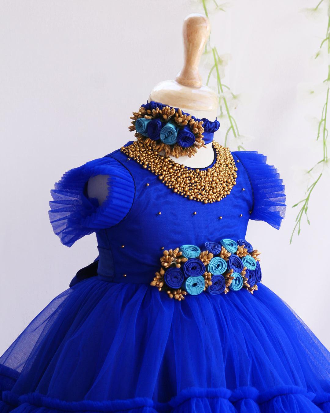 Royal Blue Handwork Flower Frock for Baby Girls