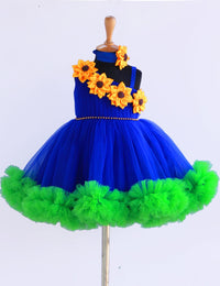 Sunflower theme royal blue and green colour  frock.