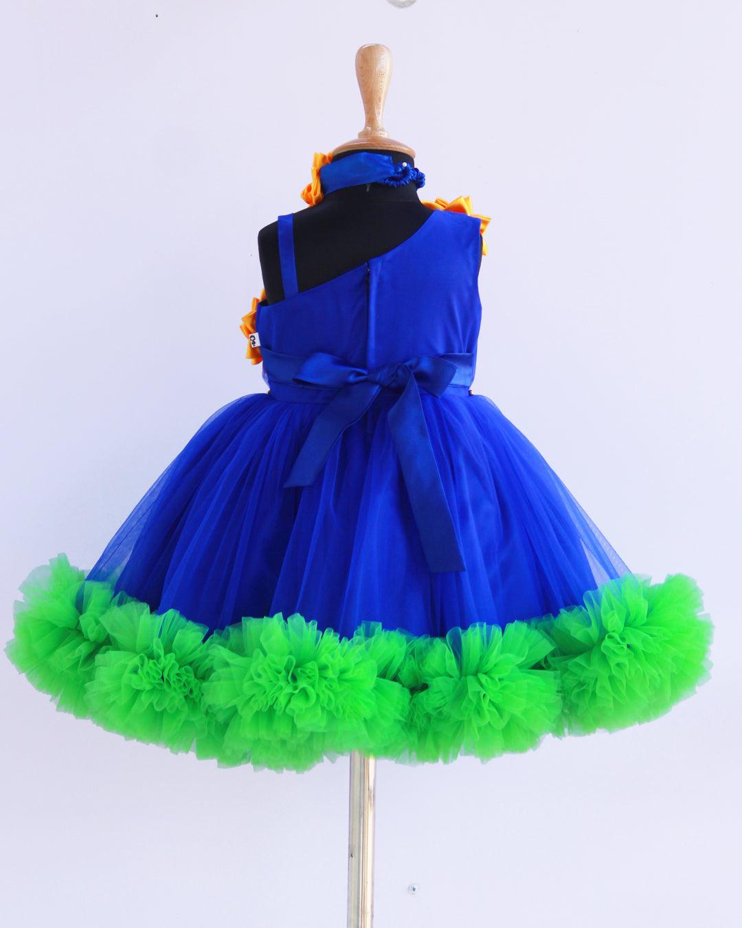 green emerald velvet dress Sunflower theme royal blue and green colour frock. – Stanwells Kids