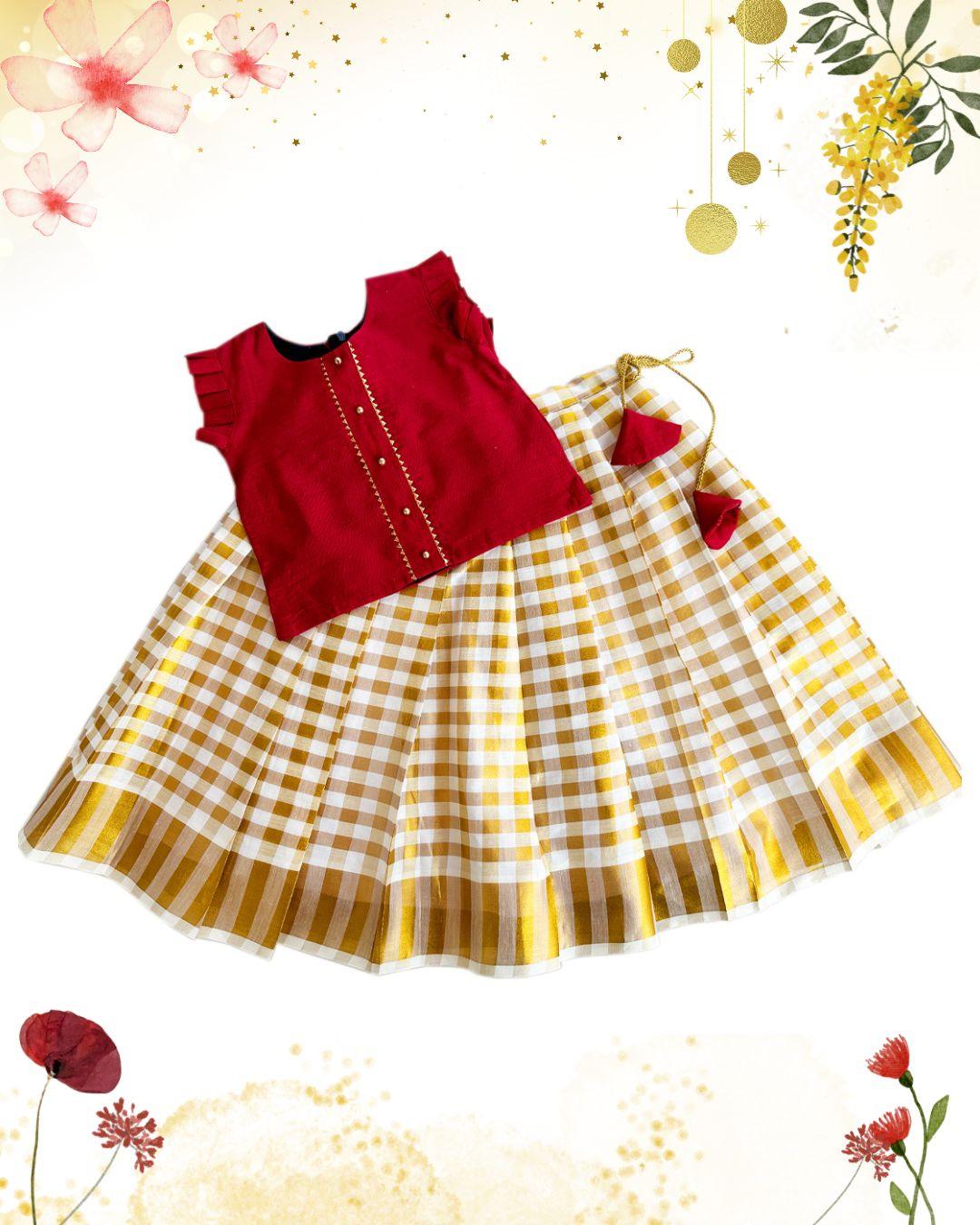 Cotton Readymade Lehenga Choli Set
Material: Cream cotton check skirt, Meroon handloom slub cotton material with gota work. Beautifully designed outfit for baby girls with smooth lining for comfort. 