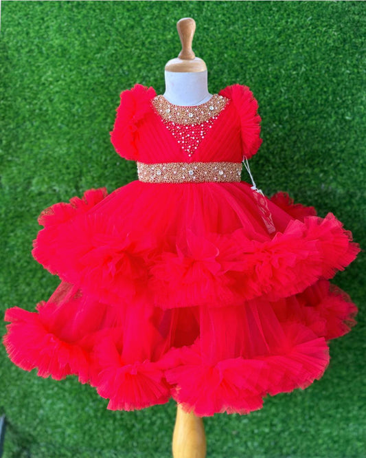 Red Handwork Two Layer Ruffled Frock