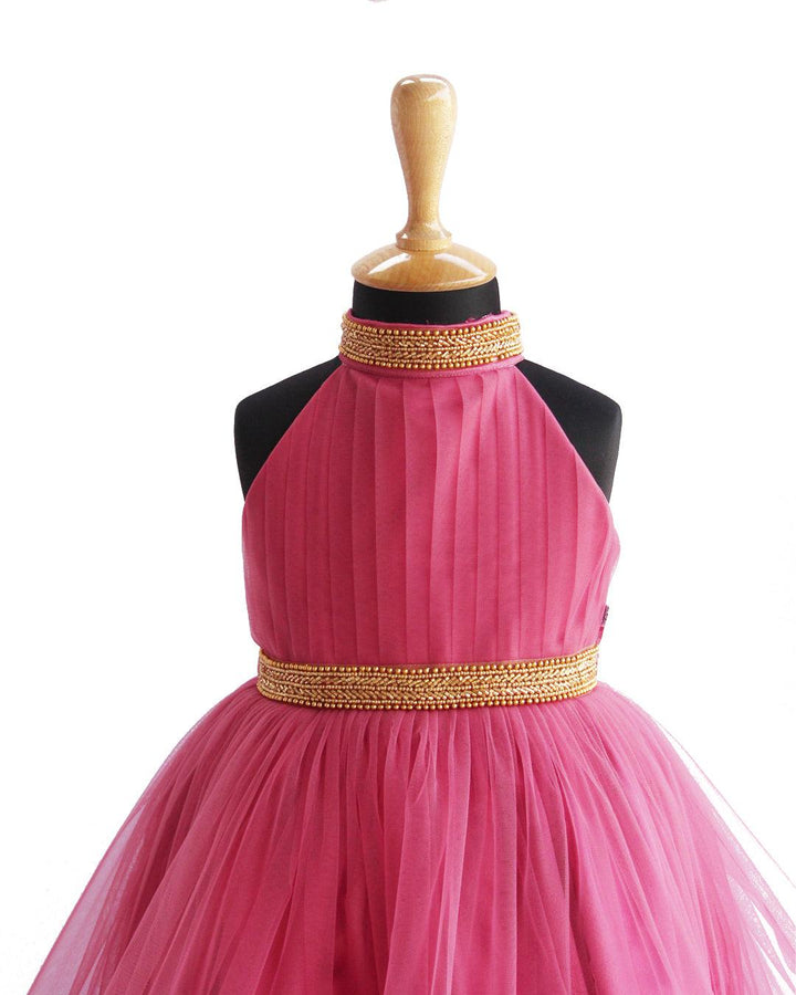 Blush Pink Pleated Halter Neck Ruffled Frock.