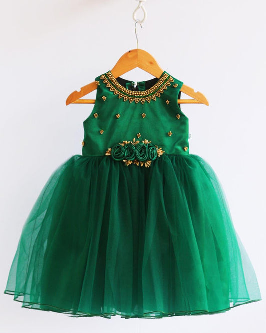 Bottle green handwork flower birthday frock for baby girl – Stanwells Kids