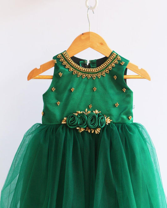 Bottle green handwork flower frock front view – Stanwells Kids