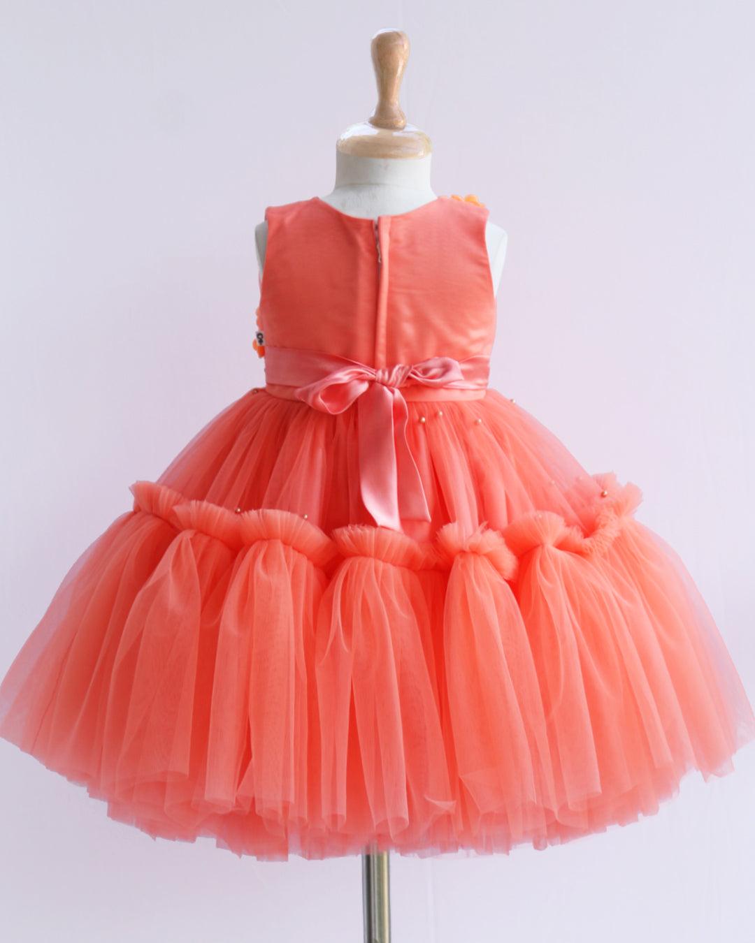 Coral Shade Pleated Ruffled Layer Frock