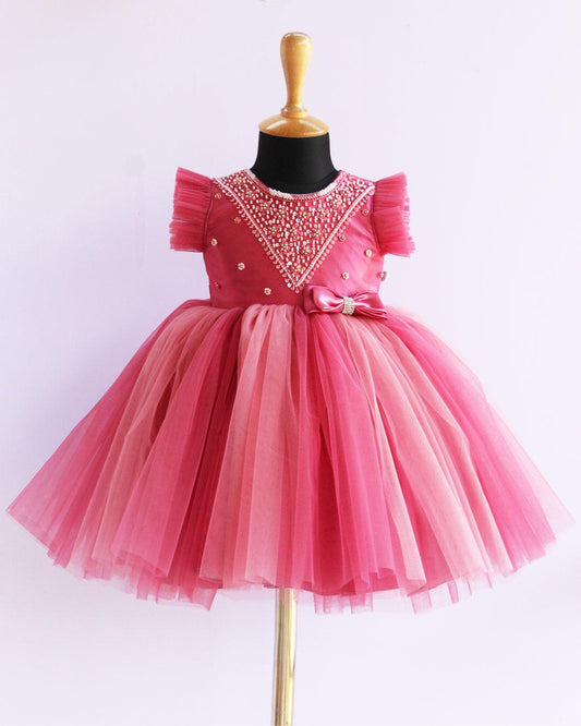 Blush pink handwork layered birthday bow frock for baby girl – Stanwells Kids