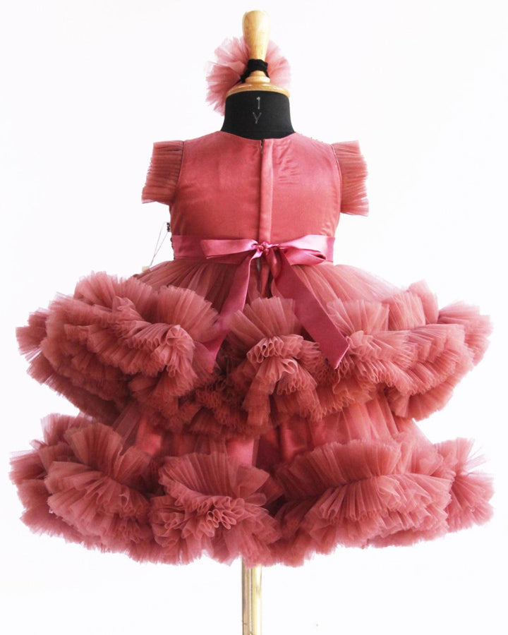 Blush Pink Layered Pleated Heavy Ruffled Hand Embroidery Birthday Frock