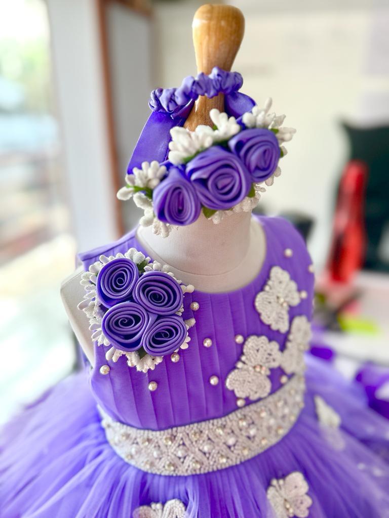 Lavender Violet Applique Birthday Frock for Baby Girls