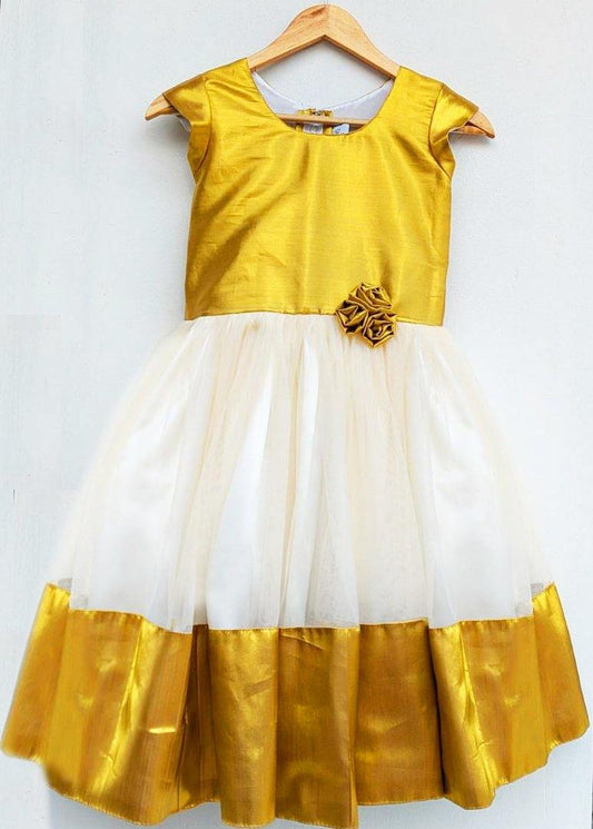 Golden cream Kerala kasavu frock for baby girl – Stanwells Kids
