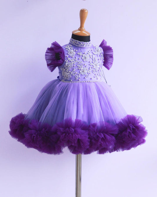 Lavender violet ruffles frock side view baby girl – Stanwells Kids