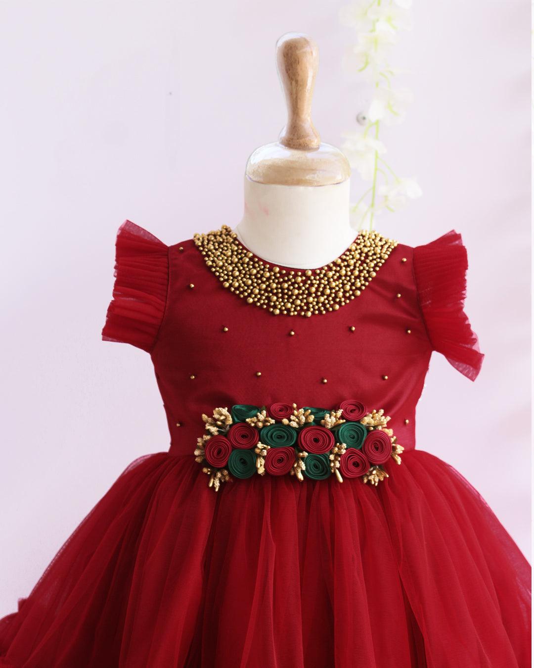 Reddish Meroon Shade Handwork Flower Frock – Stanwells Kids