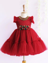 Reddish Meroon Shade Handwork Flower Frock