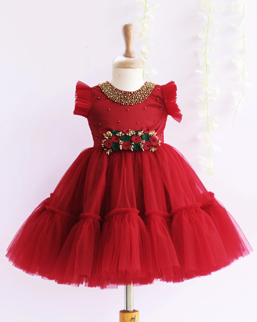 Reddish Meroon Shade Handwork Flower Frock – Stanwells Kids