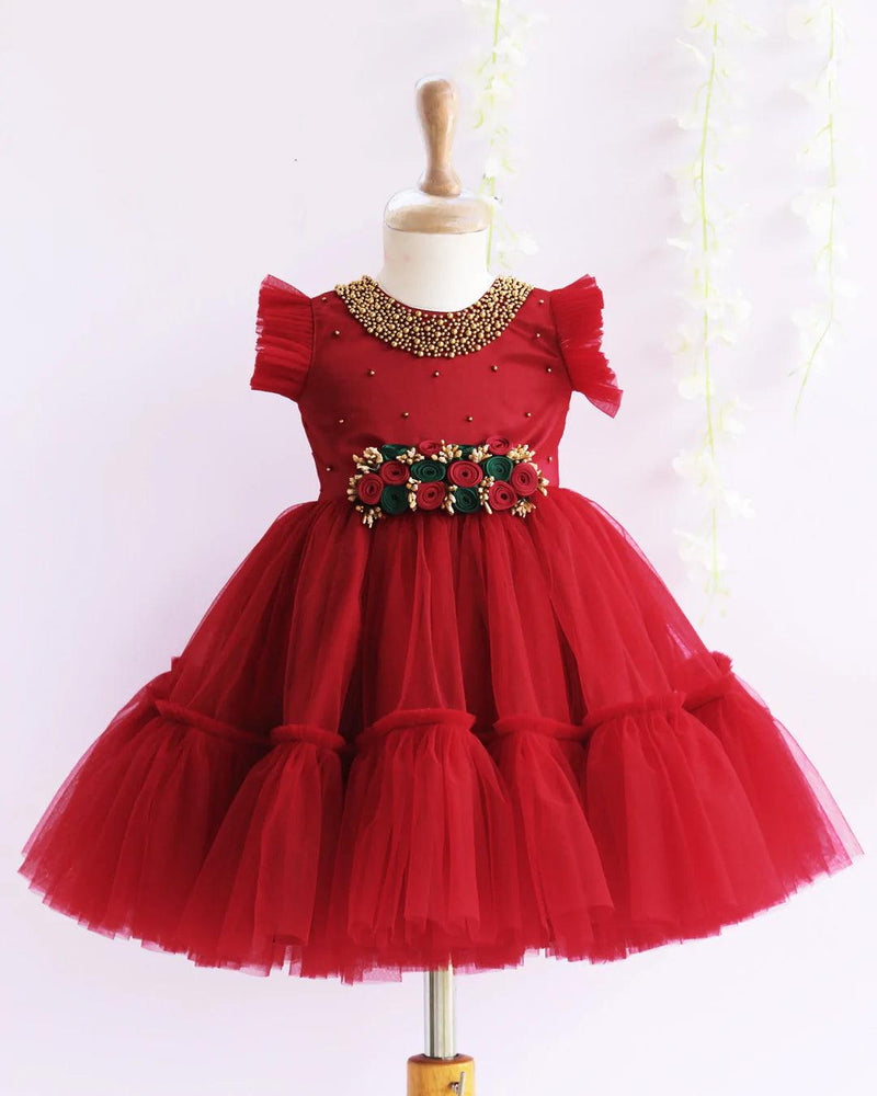Reddish Maroon Handwork Flower Frock for Baby Girl – Stanwells Kids