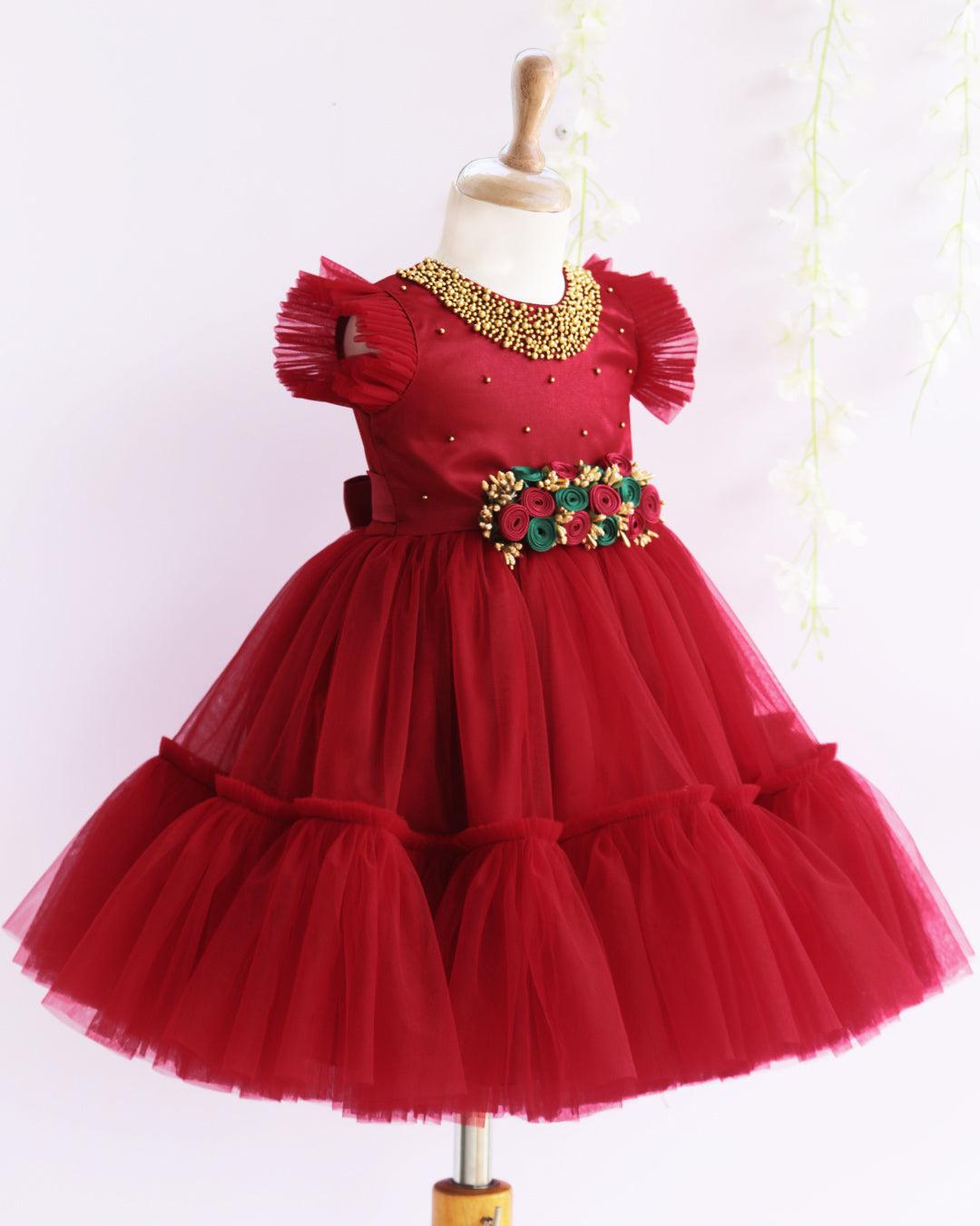 Reddish Meroon Shade Handwork Flower Frock – Stanwells Kids
