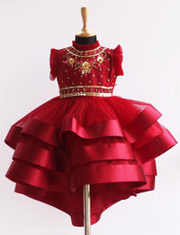 Reddish Meroon Heavy Hand Embroidery three layer satin Breaded Frock.