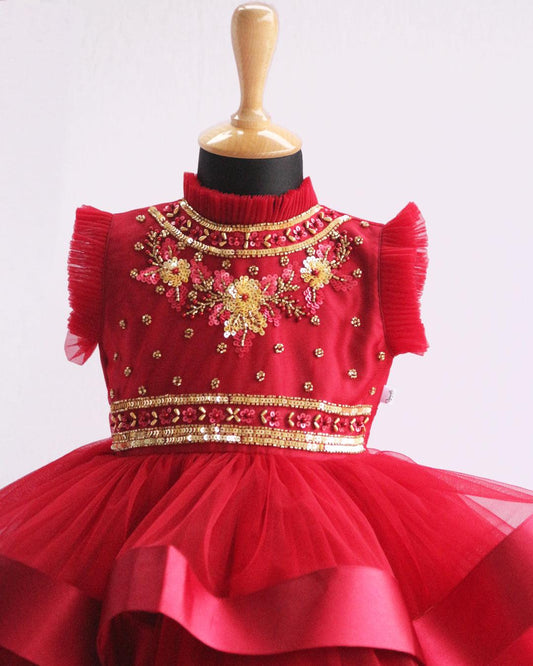 Reddish Meroon Heavy Hand Embroidery three layer satin Breaded Frock- 