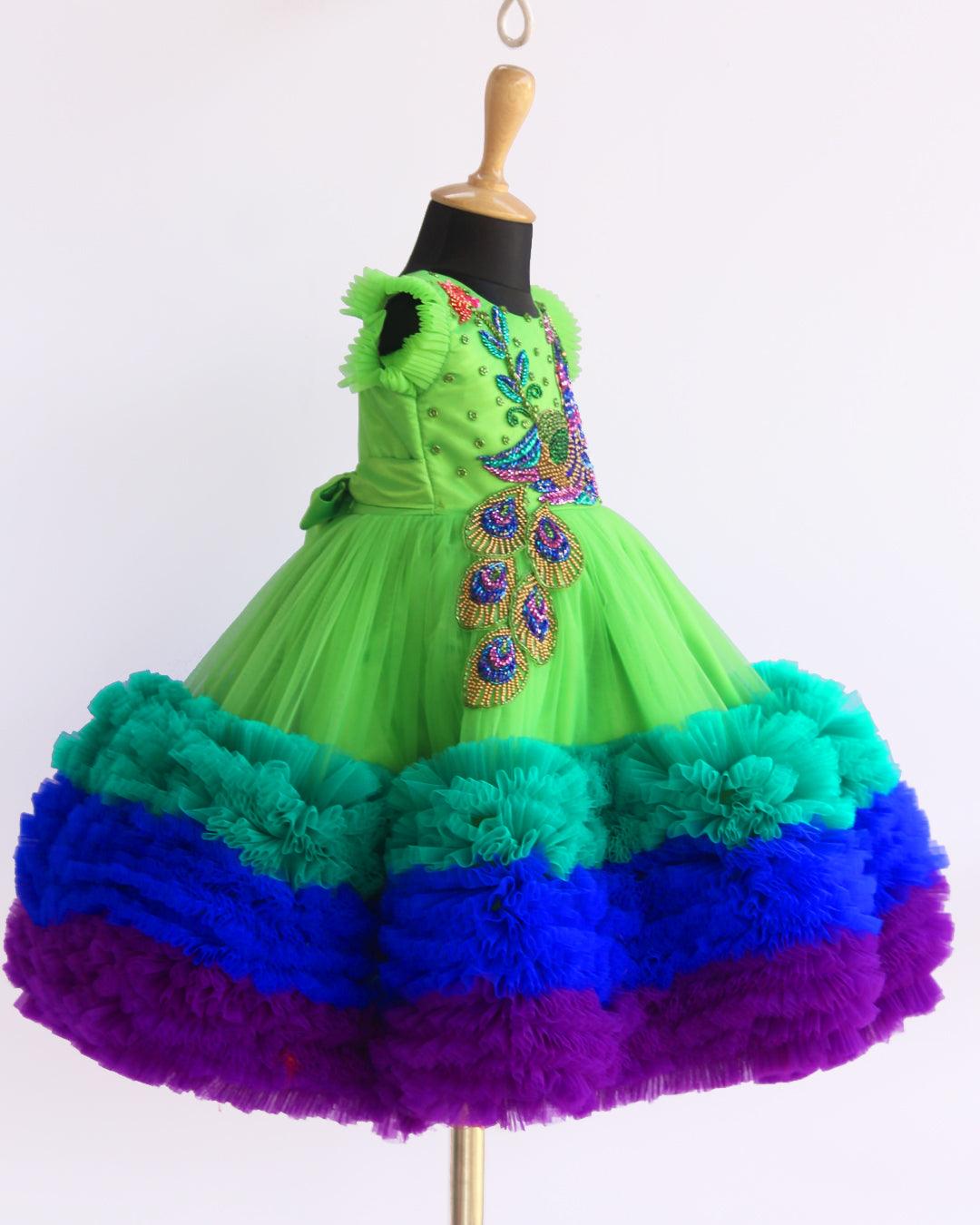 Peacock Theme Party Frock for Baby Girls