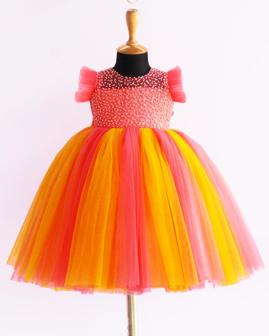 Peach & Mango Yellow combo Handwork Layered Party wear Bow Gown Stanwells Kids