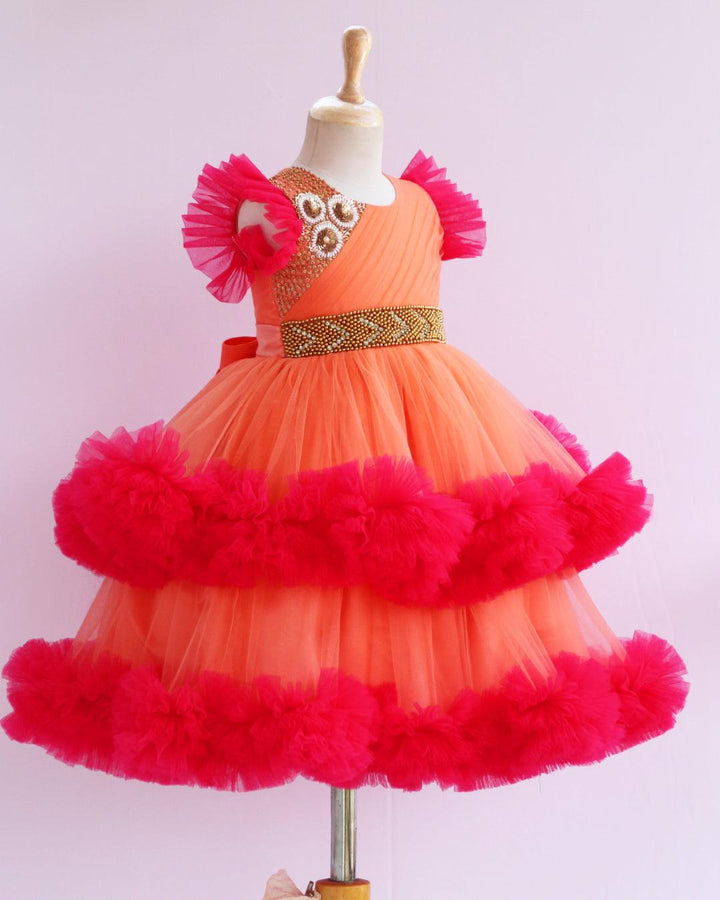 Coral Peach And Pink Pleated Heavy Ruffled Hand embroidery Birthday Frock
