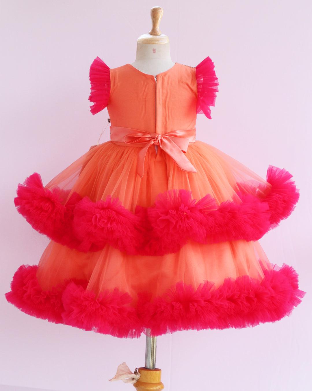 Coral Peach And Pink Pleated Heavy Ruffled Hand embroidery Birthday Fr