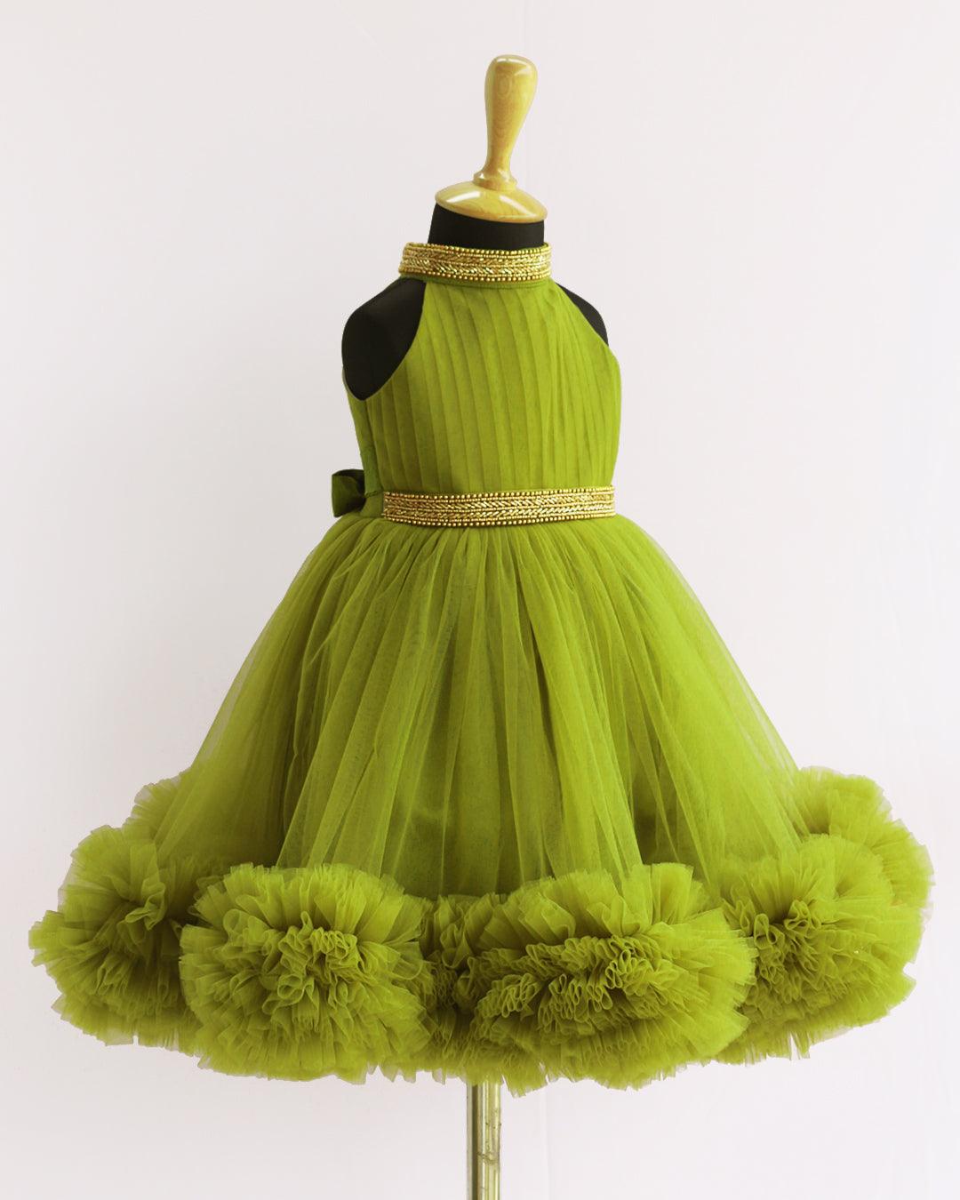 Peagreen Pleated Halter Neck Ruffled Frock.