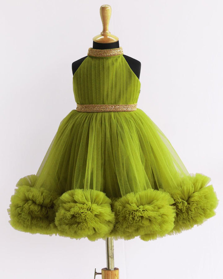 Peagreen Pleated Halter Neck Ruffled Frock.