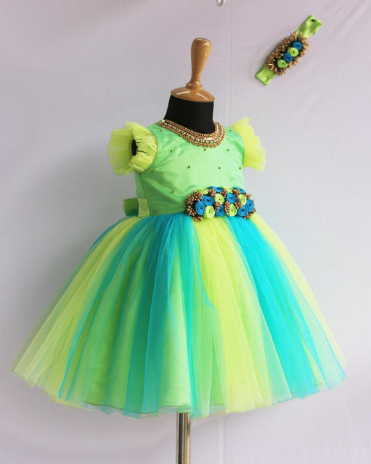 Pistagreen Skyblue Baby Girls Birthday Dress - Handwork Flower Party Frock