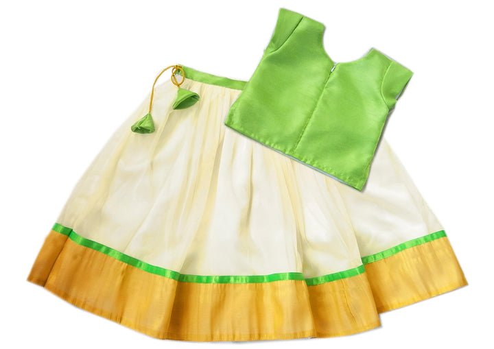 Pista Green, Golden combo Baby Girl silk Partywear Designer Kerala Lehenga - Stanwells Kids