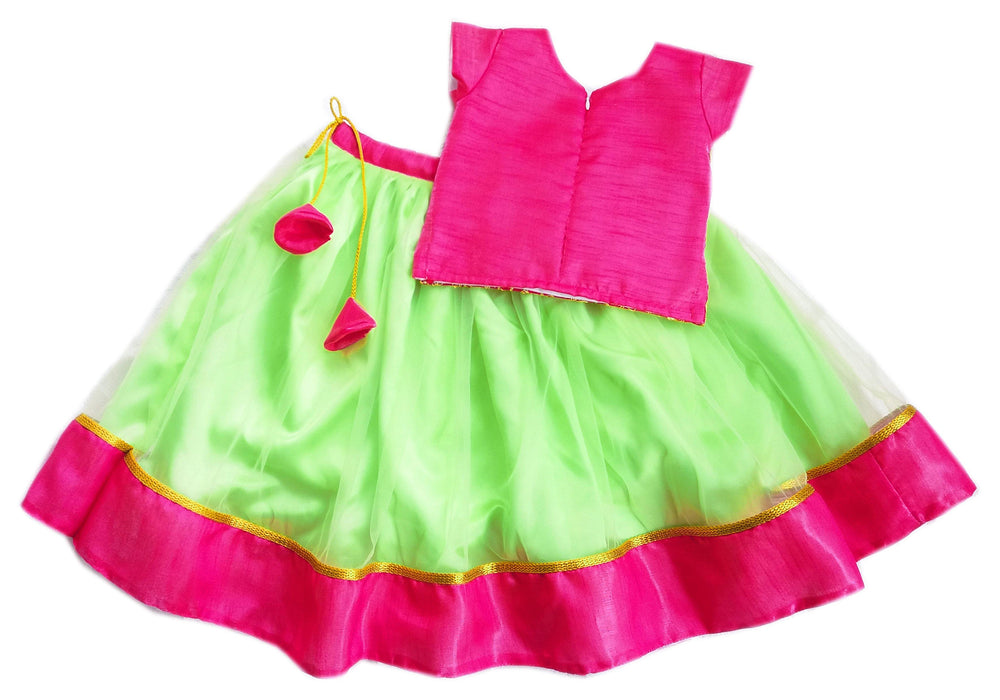 Pista Green and Magneta combo Babygirls Flared Net Lehenga choli
Material: Pista green Nylon soft quality net, golden lace, Magenta paper silk material with golden thread work, Beautifully designed outfit for Baby girls with smoo
