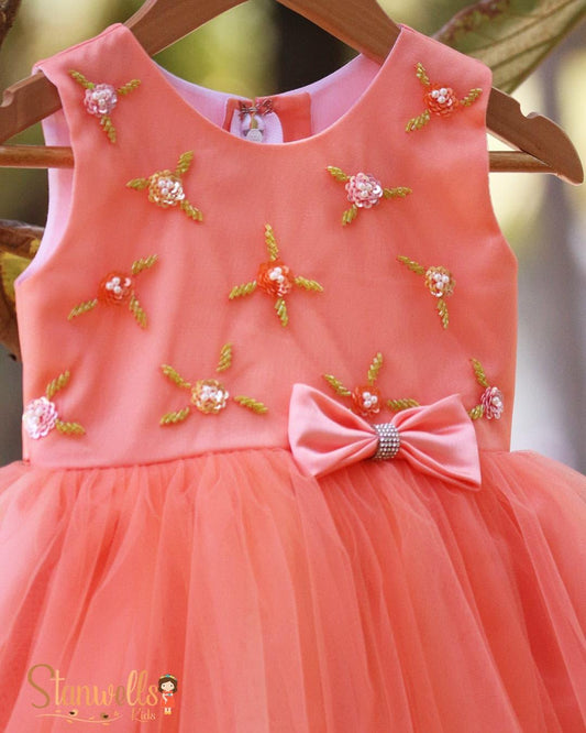 Pumpkin Baby Girls Birthday Dress - Handwork Embroidery Designer Net Frock