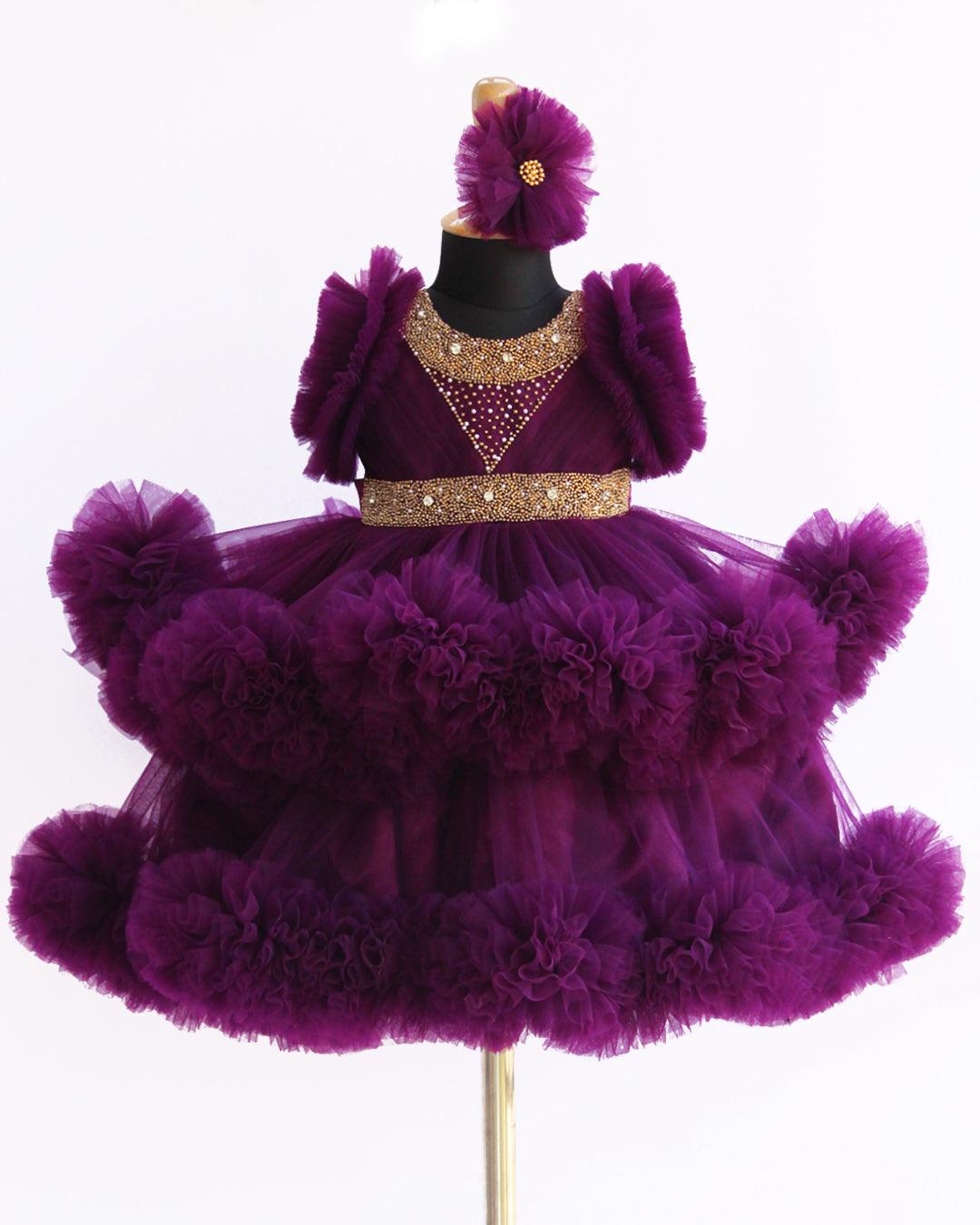 Purple Handwork Two Layer Ruffled Frock