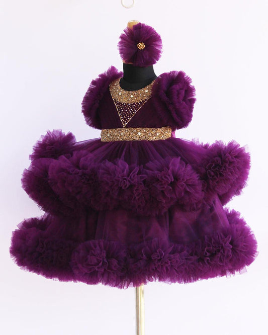 Purple Handwork Two Layer Ruffled Frock