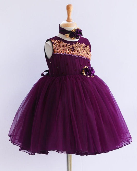 Purple Pleated Handwork Frock Stanwells Kids