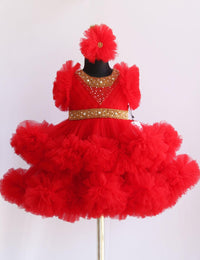 Red Handwork Two Layer Ruffled Frock