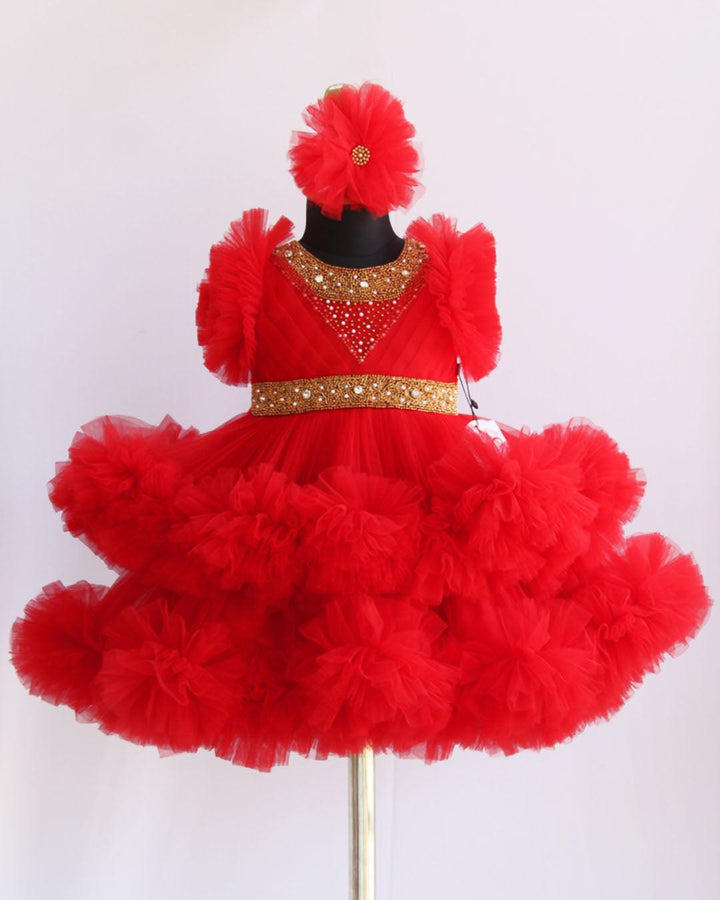 Red Handwork Two Layer Ruffled Frock