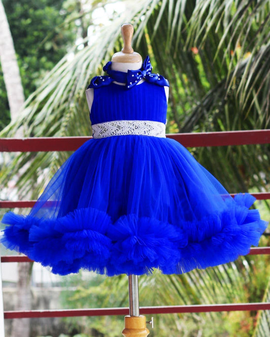 Royal blue ruffled pleated bow frock front view baby girl – Stanwells Kids