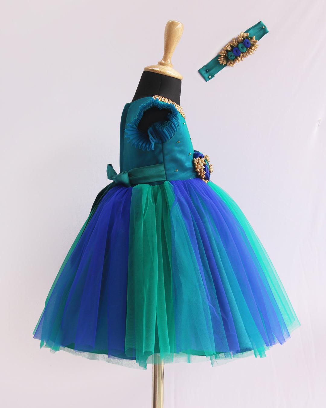 Peacock Shade Handwork Flower Frock for Baby Girls