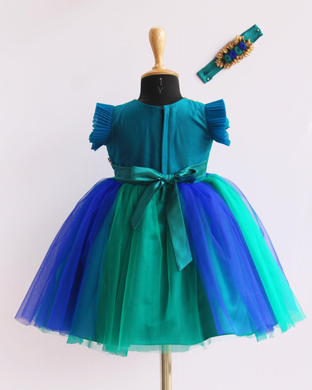 Peacock Shade Handwork Flower Frock -Sample – Stanwells Kids