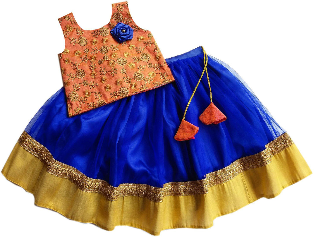Royalblue & Orange Baby Girl's Net Readymade Lehenga Choli
Skirt: Material: Bright Royal Blue Colour Mono Nylon Soft Net With Golden Tissue Border On The Ending Portion. Beautifully Designed Skirt For Baby Girls With Smooth