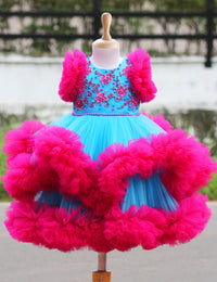 Sky blue & Magenta Heavy Handwork Ruffled Frock