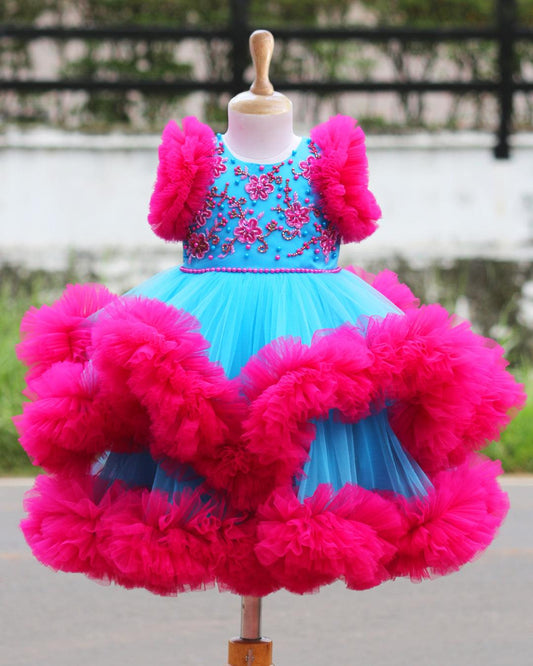 Sky blue magenta heavy handwork frock front view baby girl – Stanwells Kids