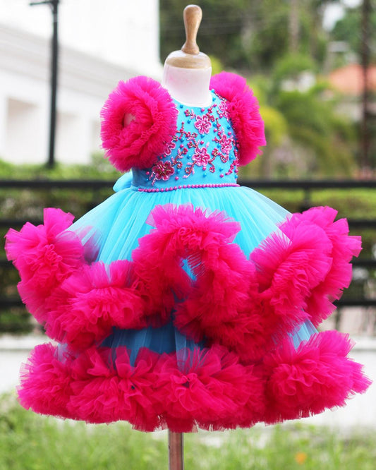 Sky blue magenta ruffled frock side view baby girl – Stanwells Kids