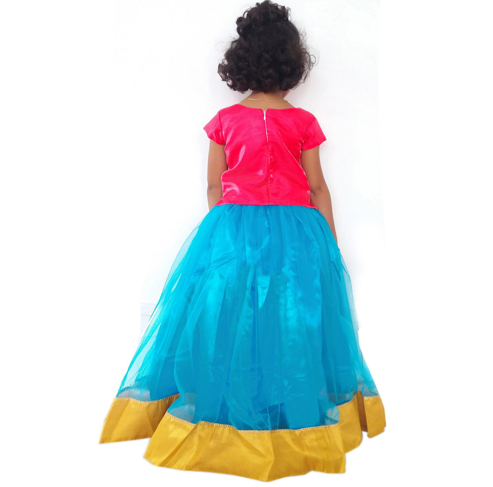 Sky Blue Magenta Net Lehenga Choli
Material: Bright blue nylon soft quality net, golden lace, Magenta malbary silk with golden threadwork, Beautifully designed outfit for Baby girls with smooth linin