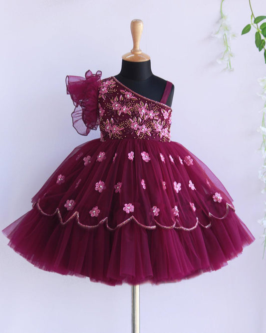 Purple vine heavy handwork birthday frock front view baby girl – Stanwells Kids