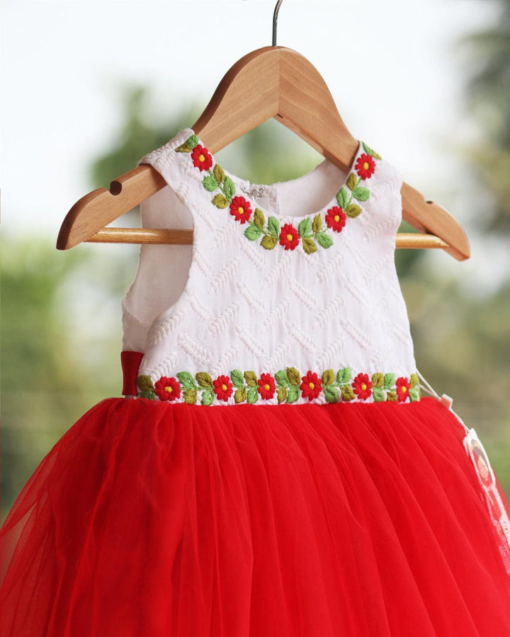 Red & White Thread Embroidery Frock
